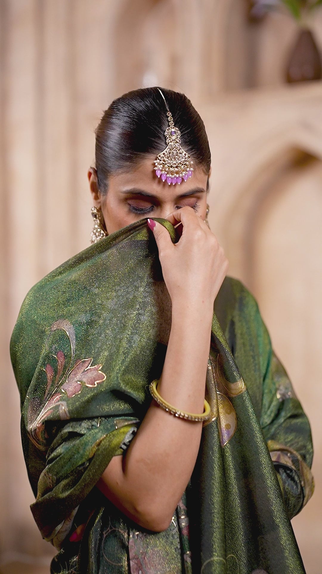 Green Pure Silk Foil Outline Work DigitalPrint Saree